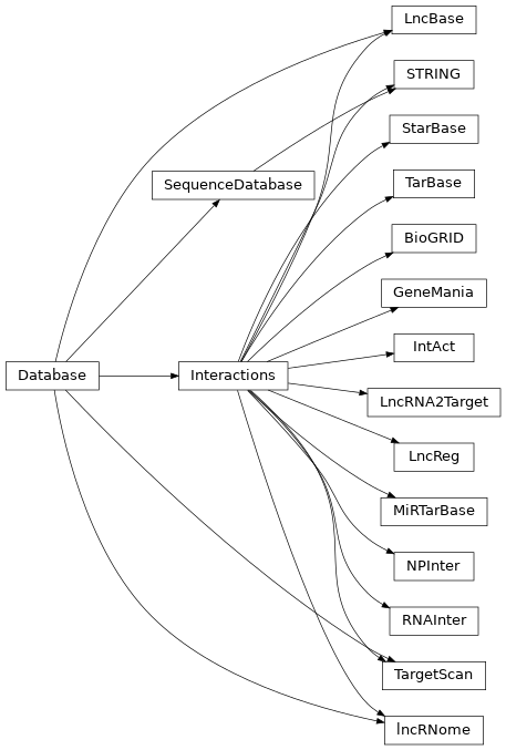Inheritance diagram of openomics.database.interaction.STRING, openomics.database.interaction.GeneMania, openomics.database.interaction.IntAct, openomics.database.interaction.BioGRID, openomics.database.interaction.MiRTarBase, openomics.database.interaction.LncBase, openomics.database.interaction.TargetScan, openomics.database.interaction.TarBase, openomics.database.interaction.LncReg, openomics.database.interaction.LncRNA2Target, openomics.database.interaction.lncRNome, openomics.database.interaction.NPInter, openomics.database.interaction.RNAInter, openomics.database.interaction.StarBase
