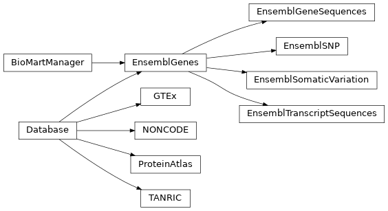 Inheritance diagram of openomics.database.annotation.ProteinAtlas, openomics.database.annotation.GTEx, openomics.database.annotation.NONCODE, openomics.database.annotation.EnsemblGenes, openomics.database.annotation.EnsemblGeneSequences, openomics.database.annotation.EnsemblTranscriptSequences, openomics.database.annotation.EnsemblSNP, openomics.database.annotation.EnsemblSomaticVariation, openomics.database.annotation.TANRIC