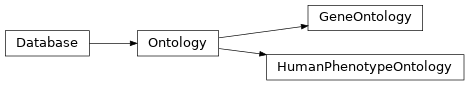 Inheritance diagram of openomics.database.ontology.GeneOntology, openomics.database.ontology.HumanPhenotypeOntology, openomics.database.ontology.Ontology